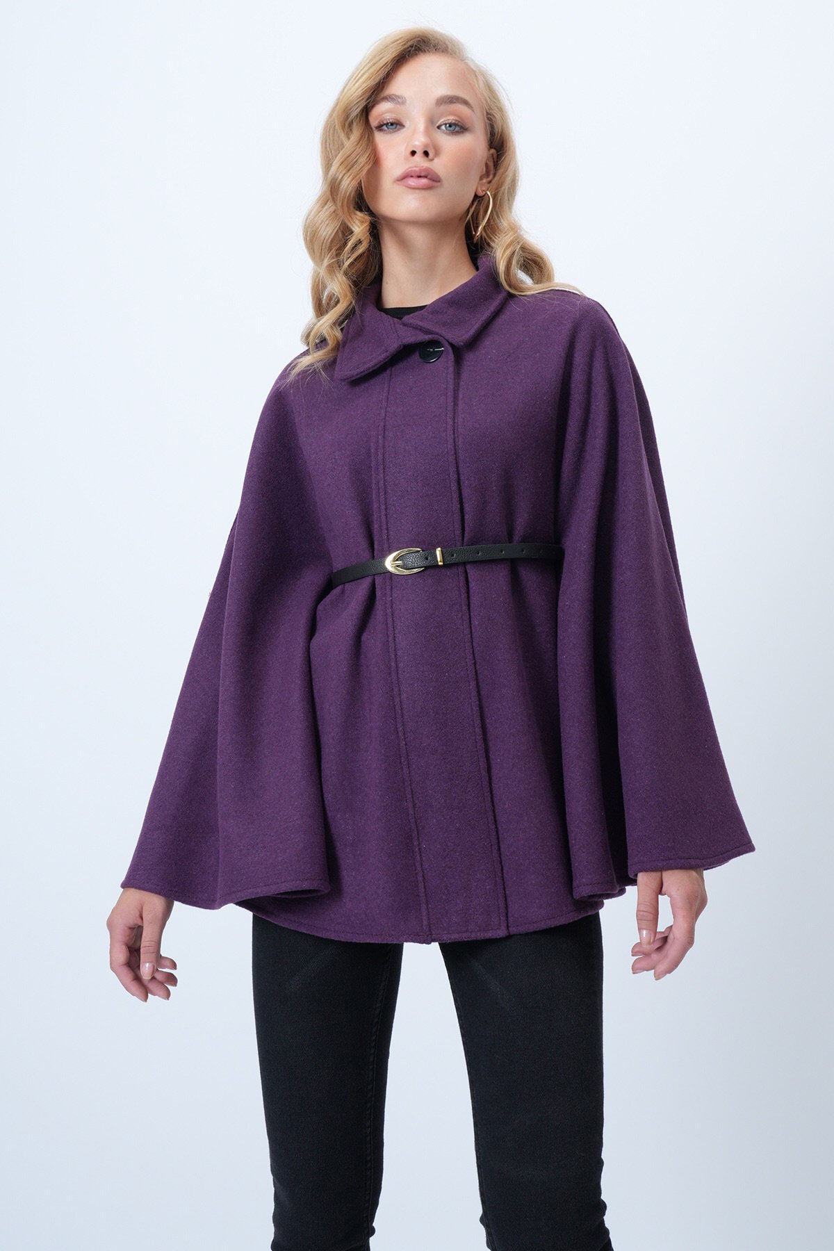 Kadın Mor Kemer Detaylı Kaşe Pelerin Kaban ALC-X14529