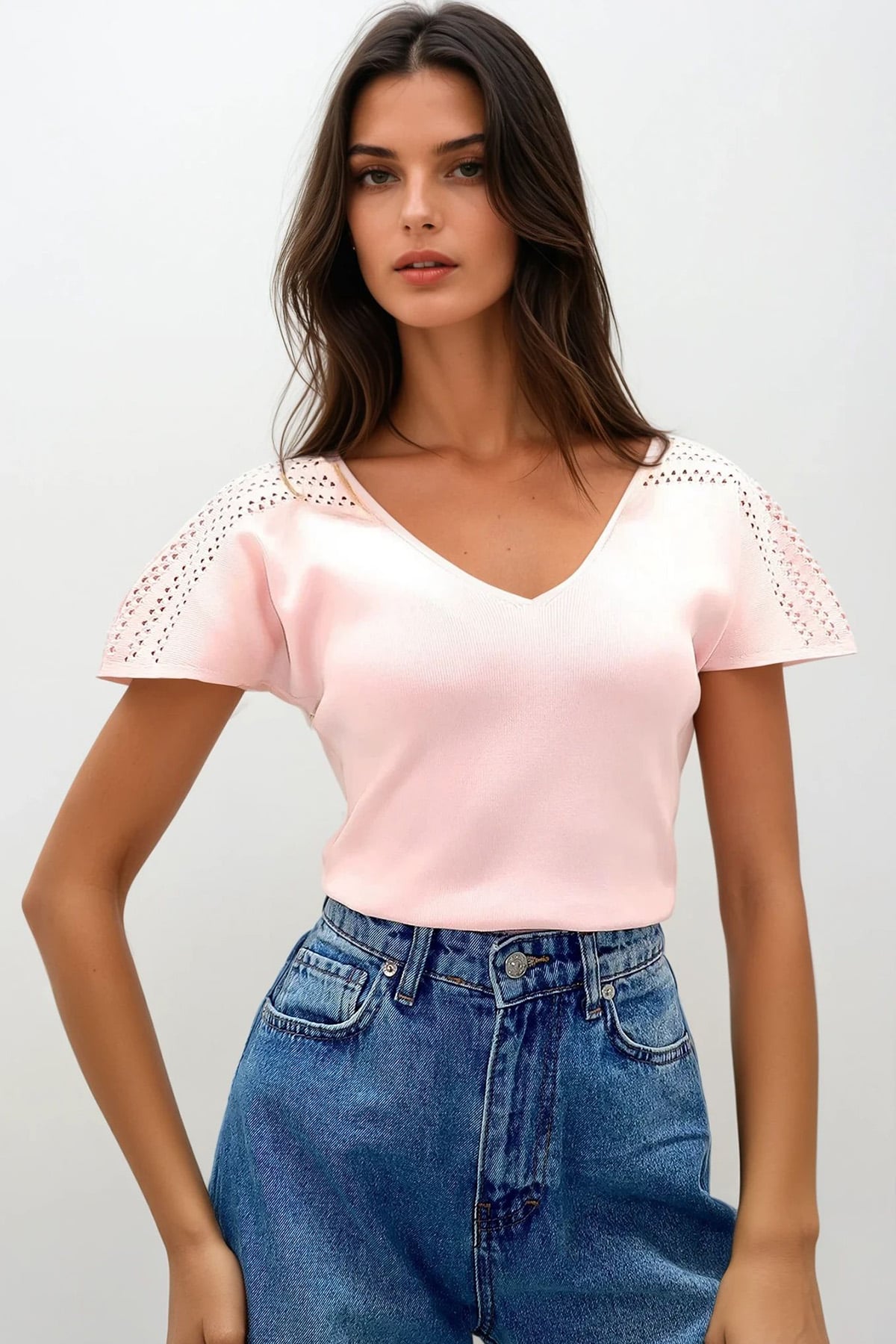 Kadın Pembe Ön Arka V Yaka Omuzu Ajurlu Triko Bluz ALC-X13381