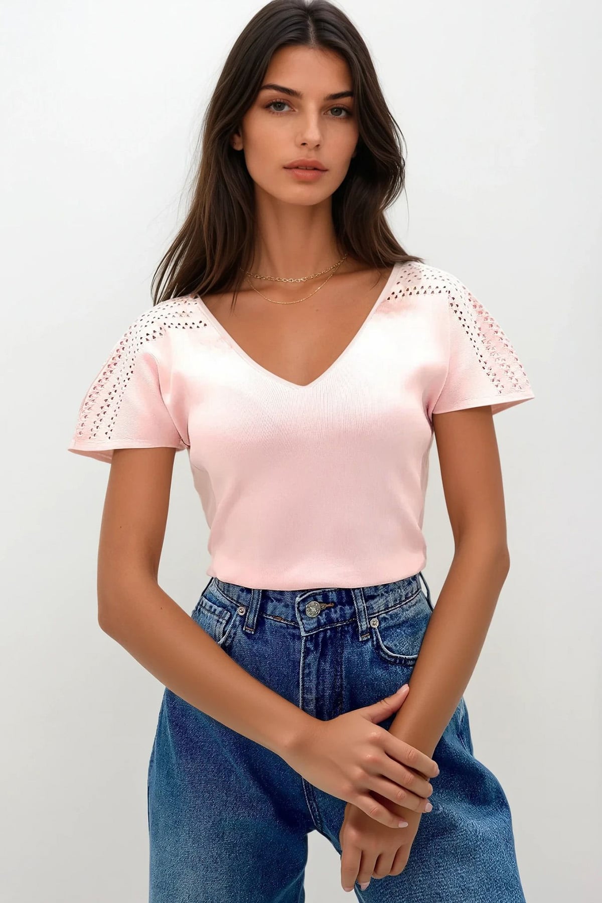Kadın Pembe Ön Arka V Yaka Omuzu Ajurlu Triko Bluz ALC-X13381
