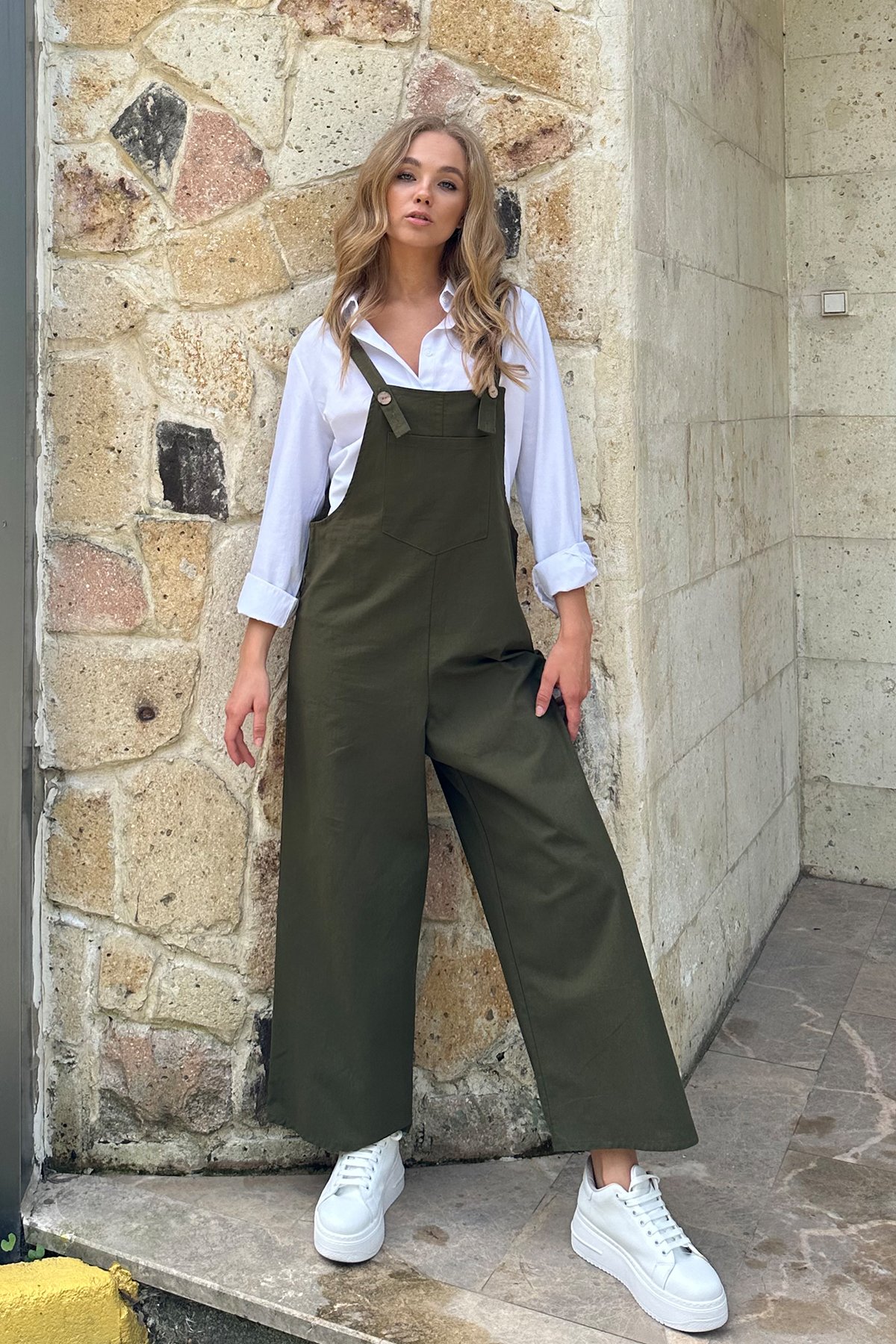 Kadın Haki Önü Cepli Askılı Gabardin Bahçıvan Tulum ALC-X12186