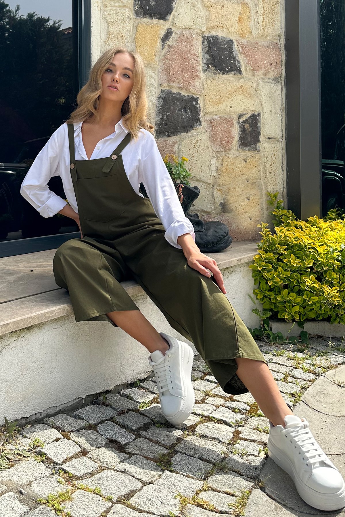 Kadın Haki Önü Cepli Askılı Gabardin Bahçıvan Tulum ALC-X12186