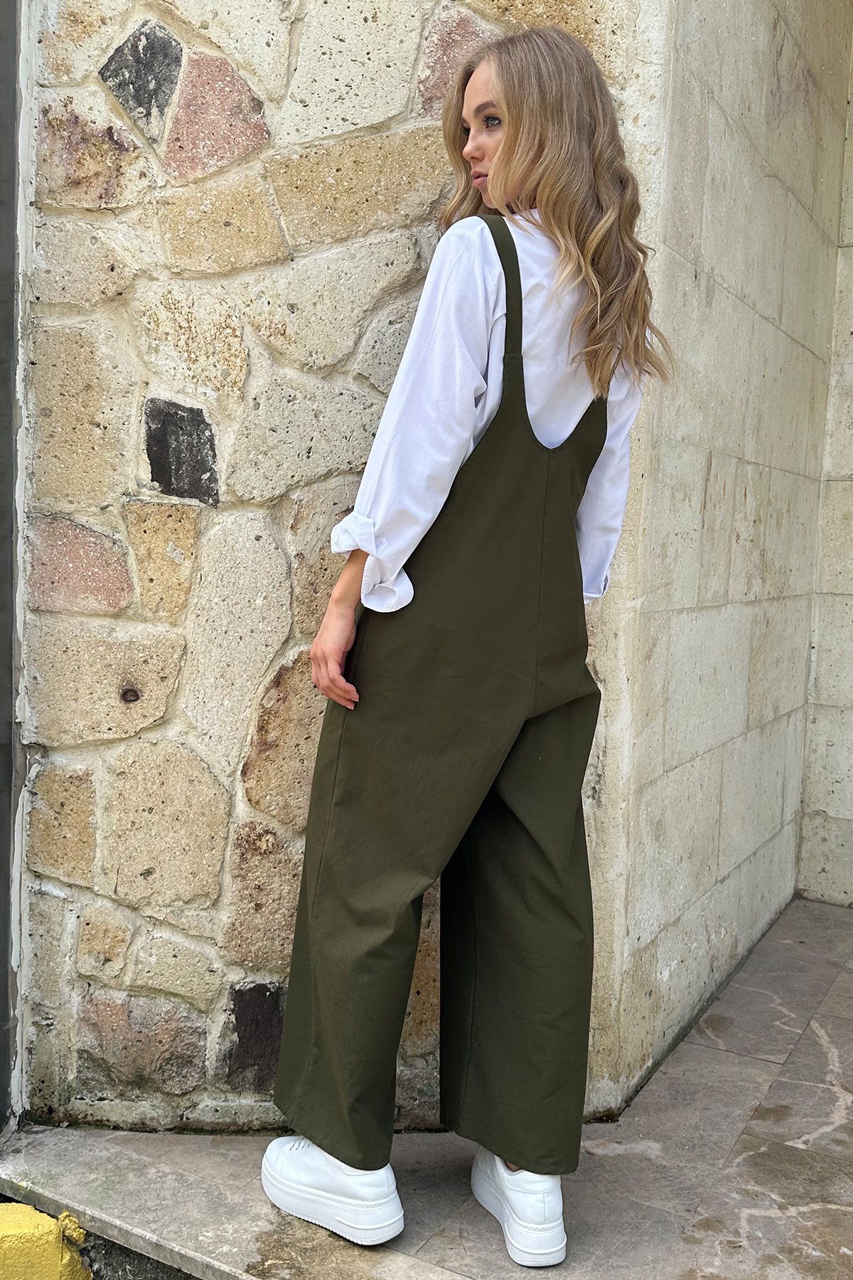 Kadın Haki Önü Cepli Askılı Gabardin Bahçıvan Tulum ALC-X12186