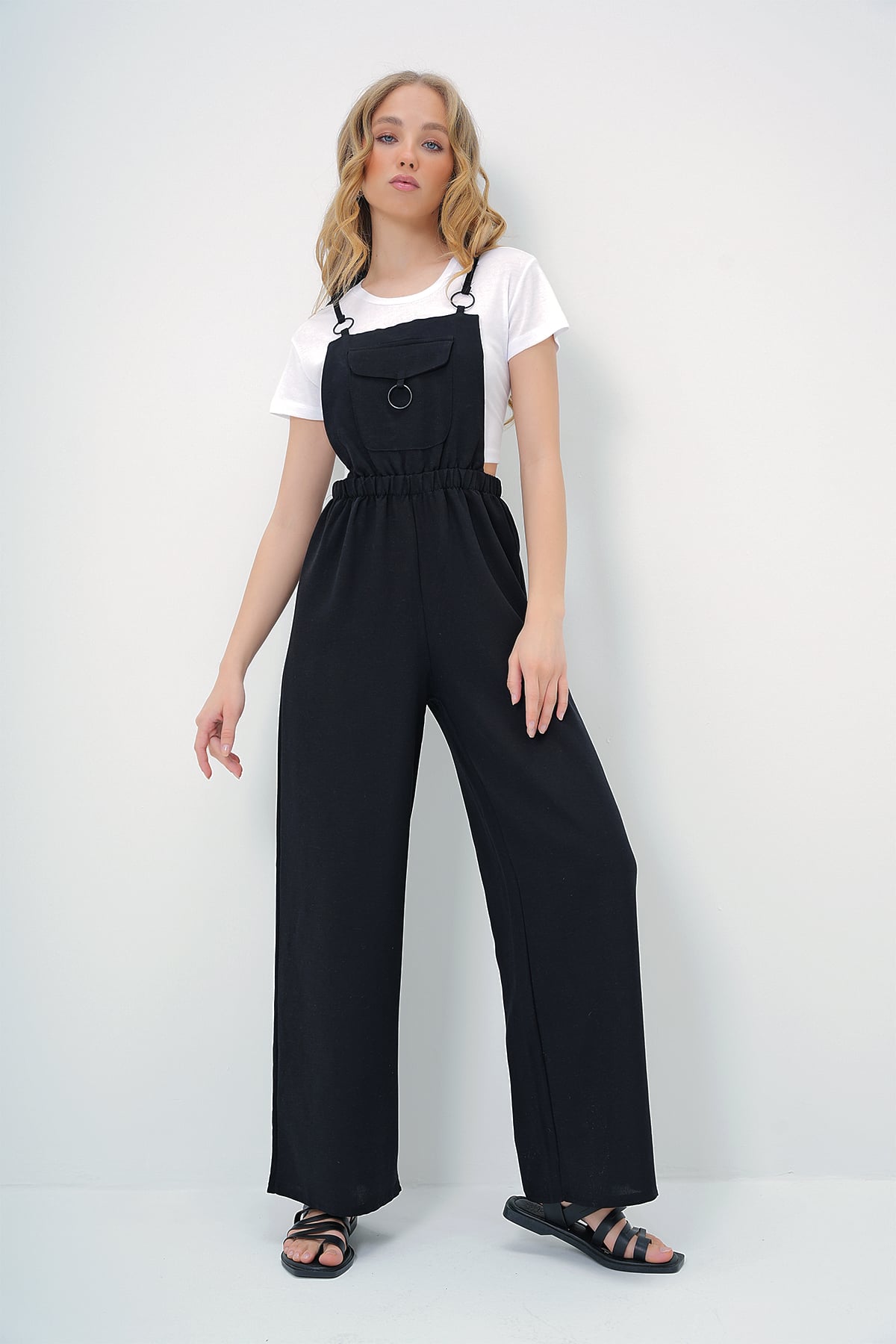 Kadın Siyah Önü Cepli Askılı Halka Detaylı Aerobin Salopet Pantolon ALC-X13581