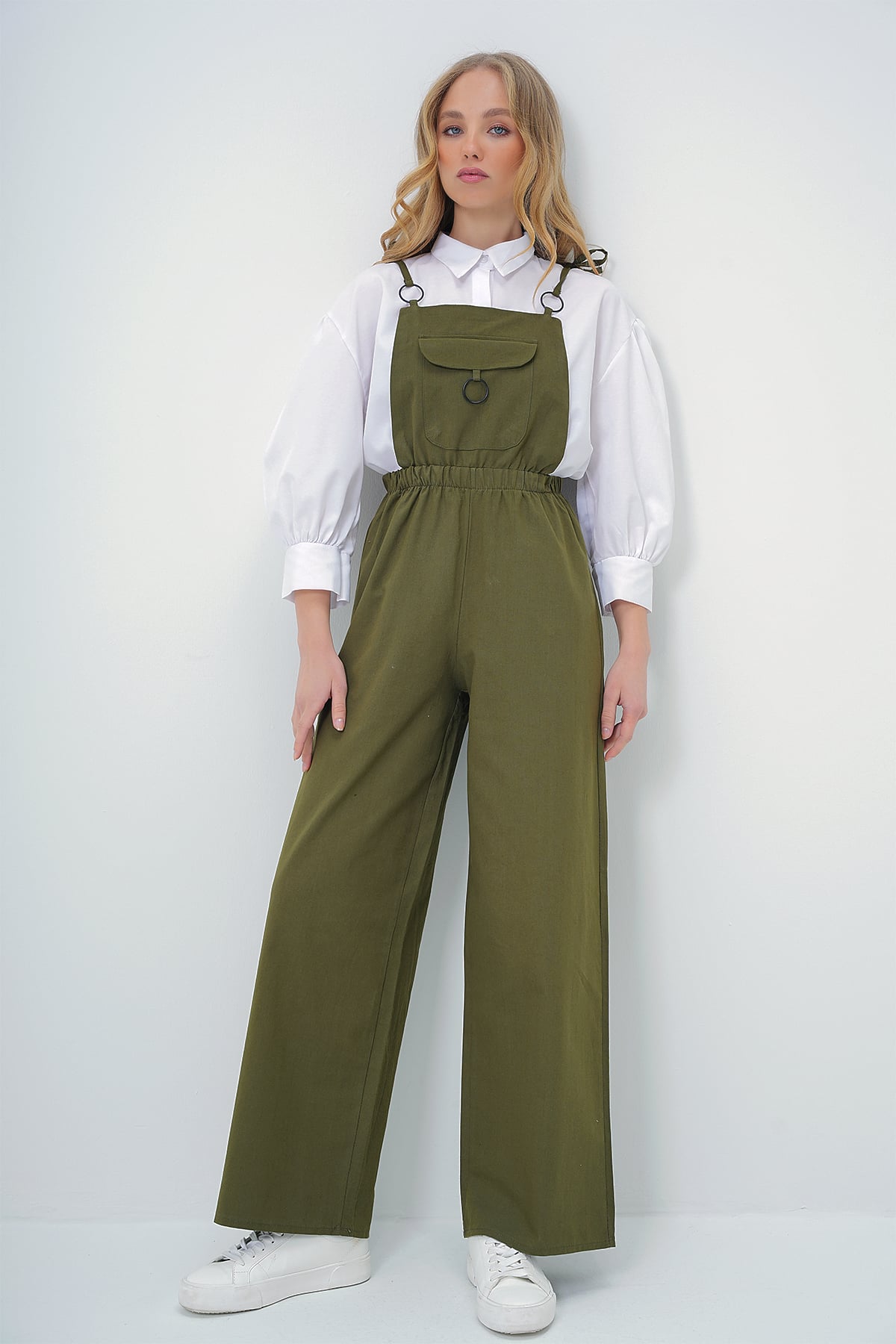 Kadın Haki Önü Cepli Askılı Halka Detaylı Aerobin Salopet Pantolon ALC-X13581