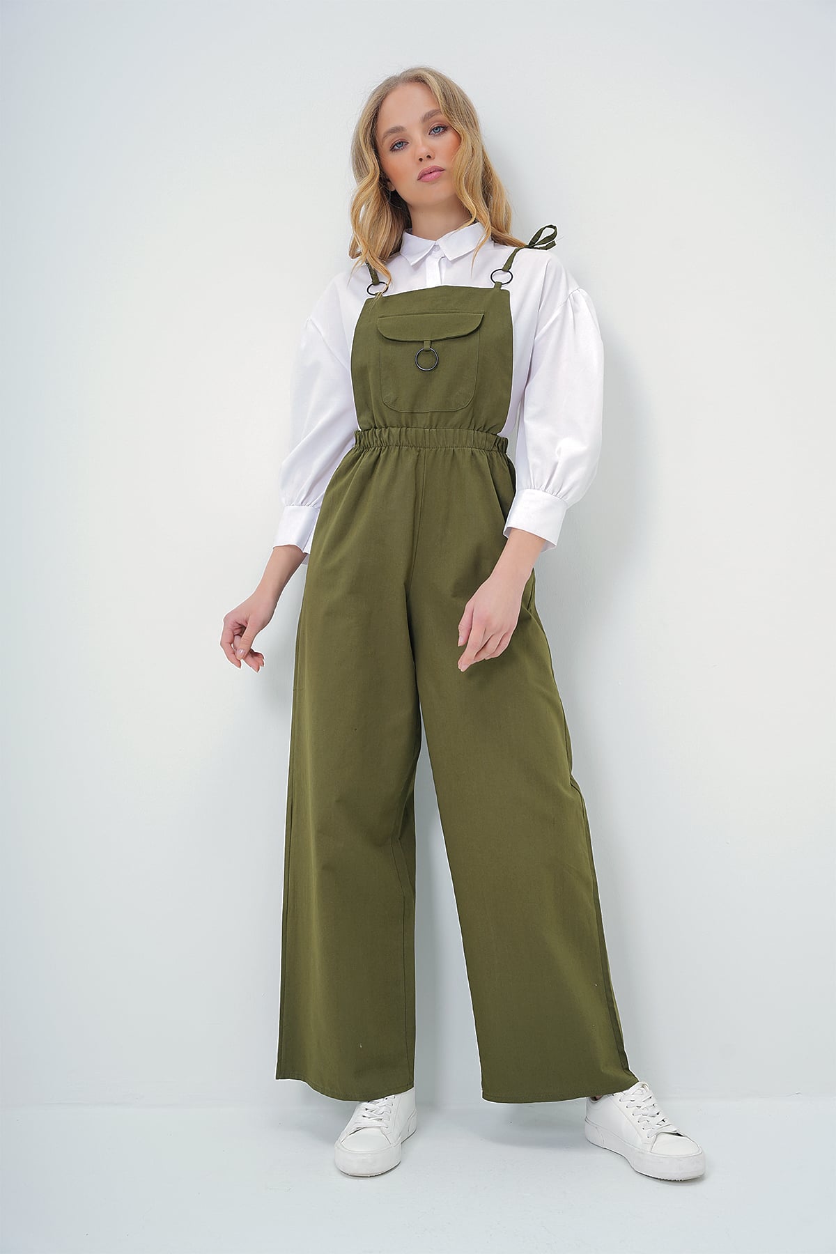 Kadın Haki Önü Cepli Askılı Halka Detaylı Aerobin Salopet Pantolon ALC-X13581