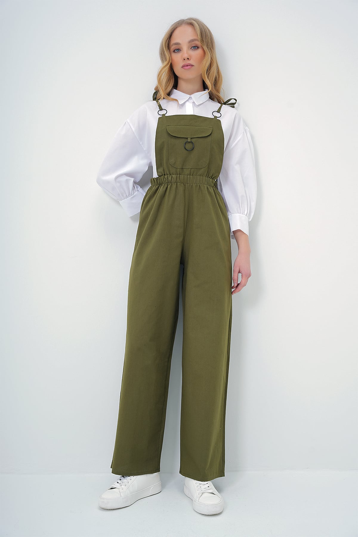 Kadın Haki Önü Cepli Askılı Halka Detaylı Aerobin Salopet Pantolon ALC-X13581