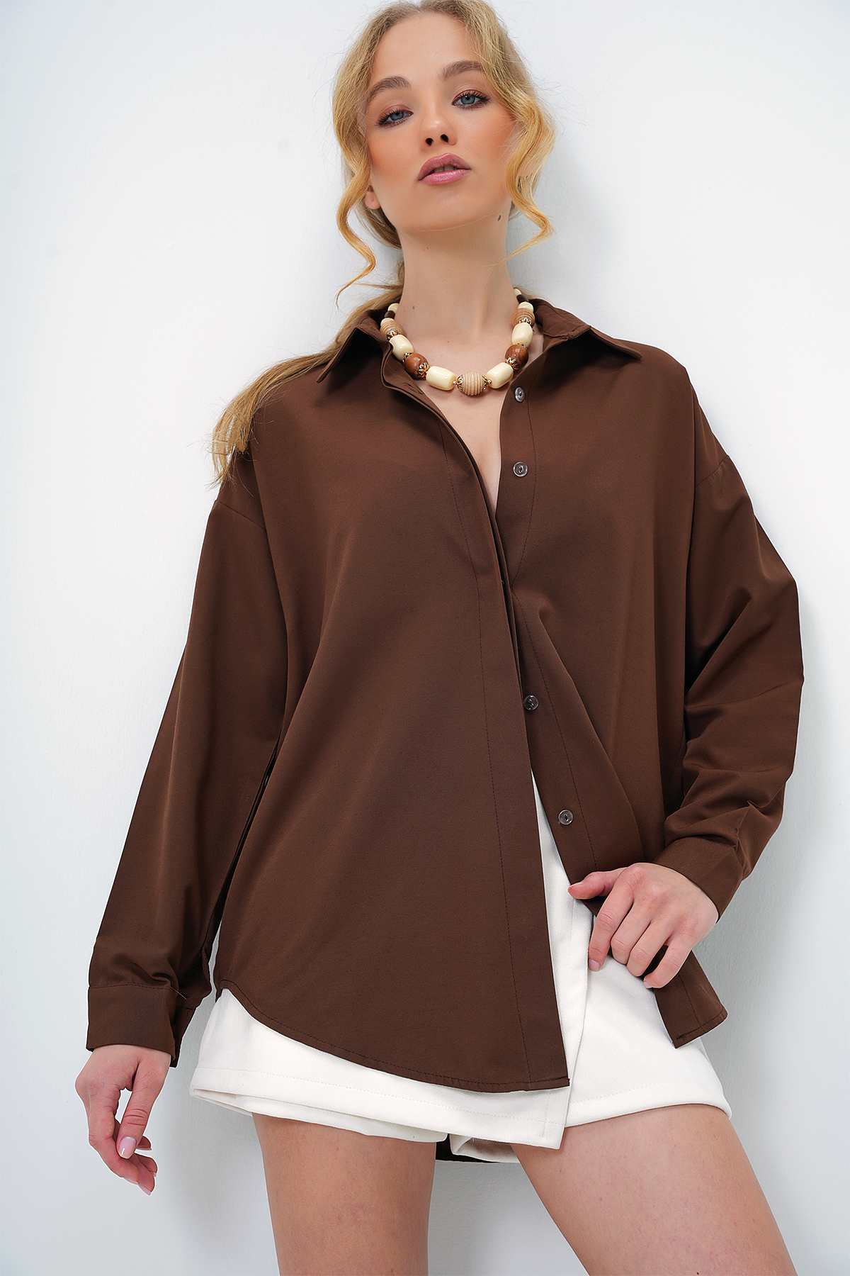 Kadın Acı Kahve Oversize Uzun Dokuma Gömlek ALC-X6828