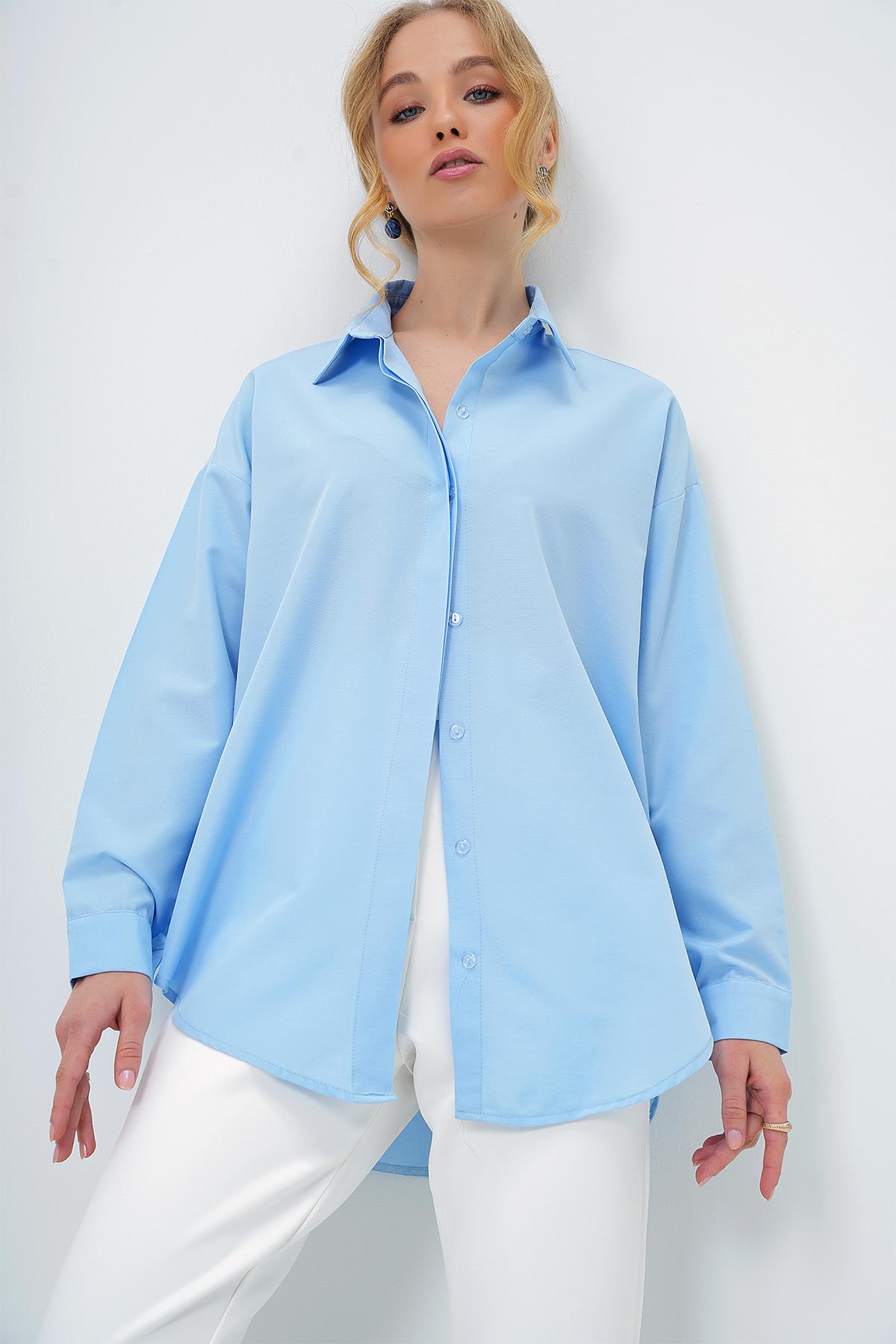 Kadın Bebe Mavi Oversize Uzun Dokuma Gömlek ALC-X6828