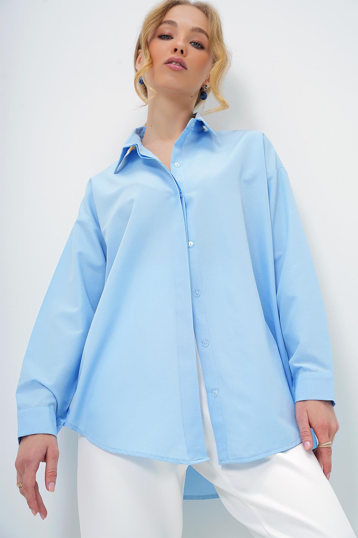 Kadın Bebe Mavi Oversize Uzun Dokuma Gömlek ALC-X6828