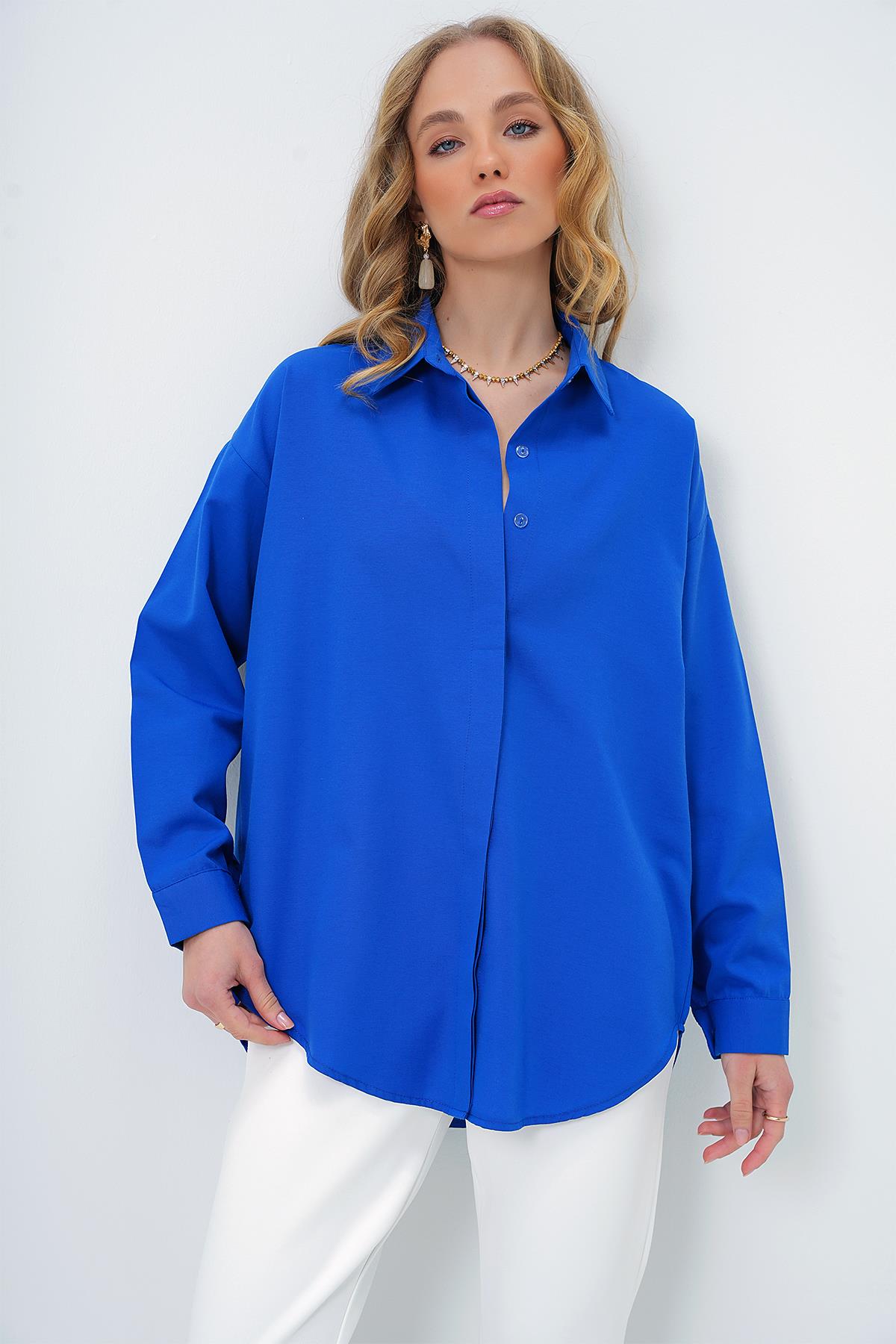 Kadın Saks Oversize Uzun Dokuma Gömlek ALC-X6828