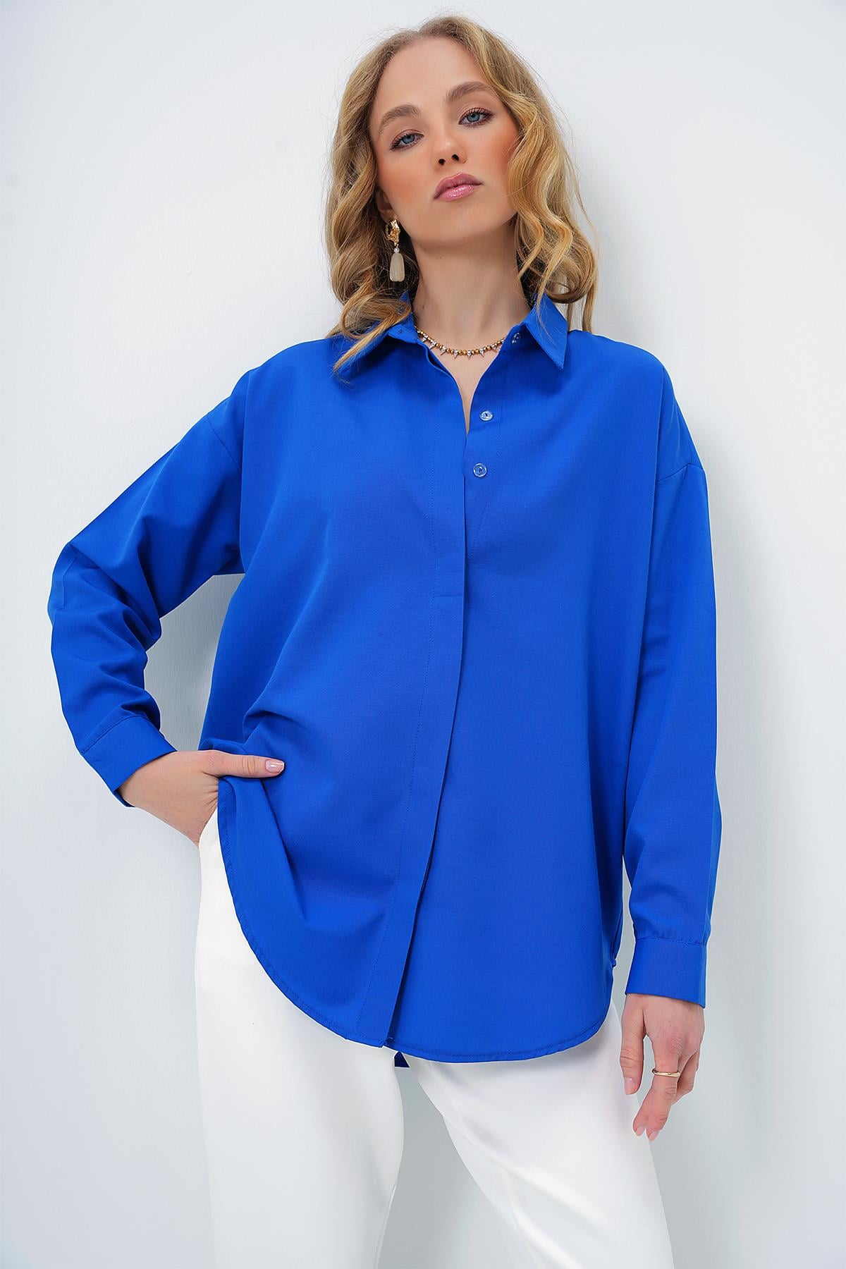 Kadın Saks Oversize Uzun Dokuma Gömlek ALC-X6828