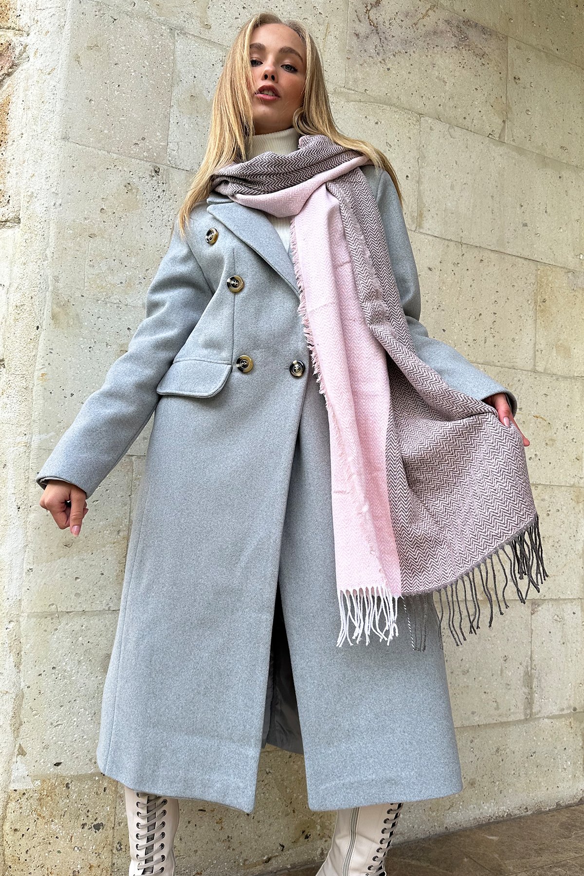 Kadın Pudra Püskül Detaylı Desenli Şal ALC-X11280