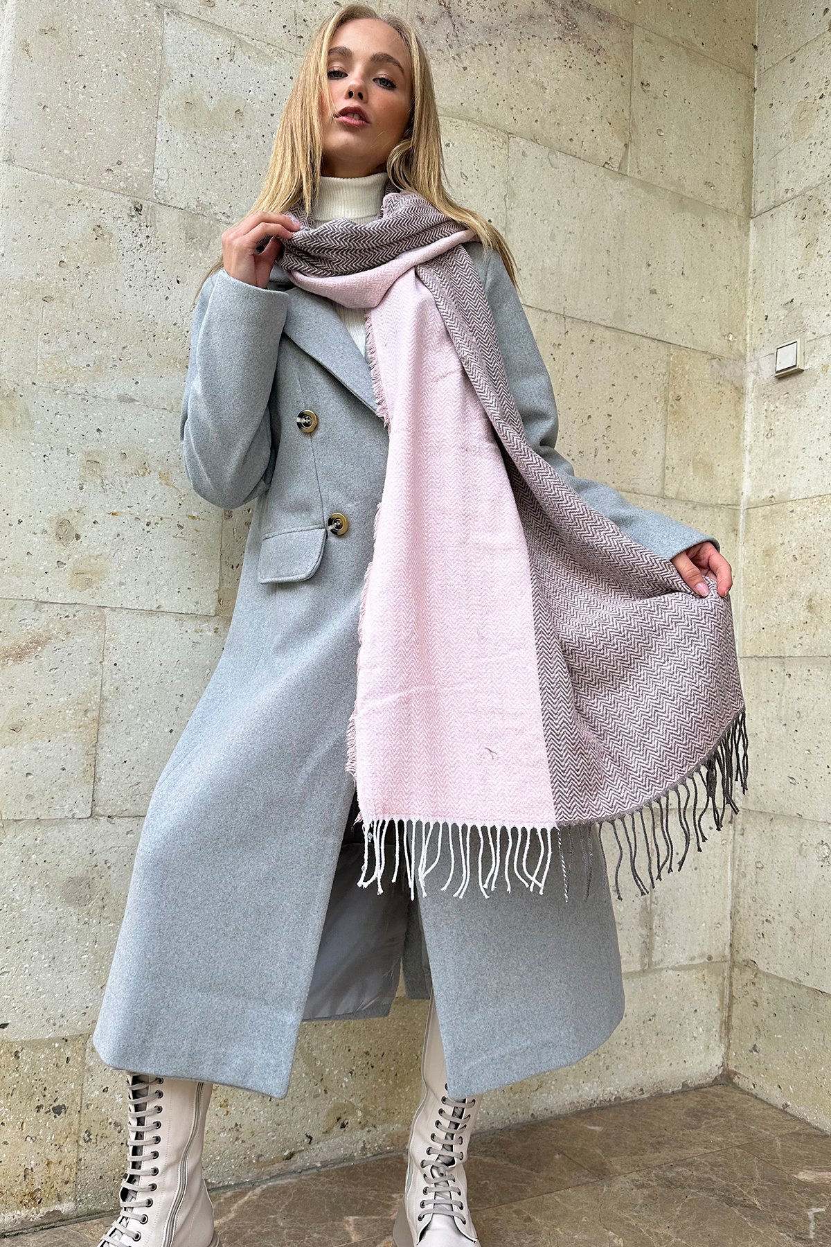 Kadın Pudra Püskül Detaylı Desenli Şal ALC-X11280