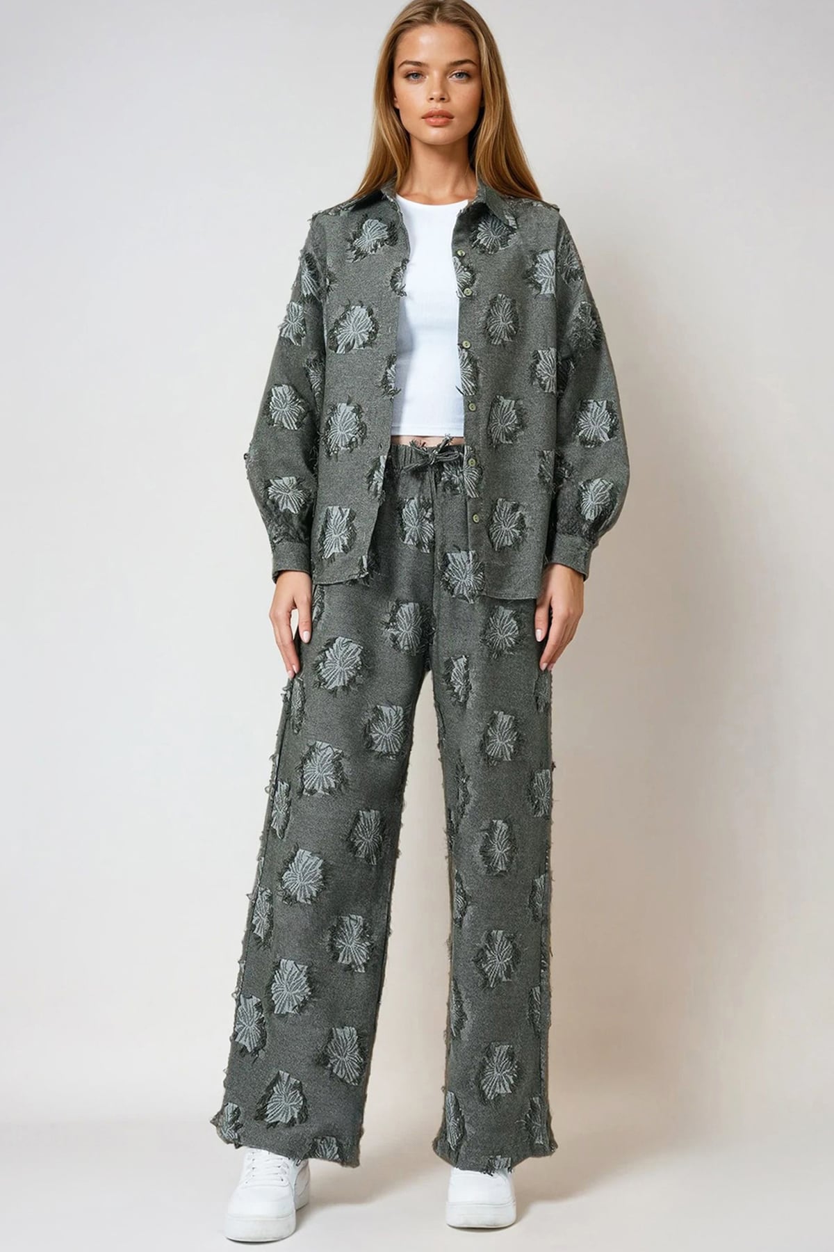 Kadın Haki Püsküllü Oversize Gömlek Ve Beli Lastikli Pantolon Dokuma İkili Takım VS01007