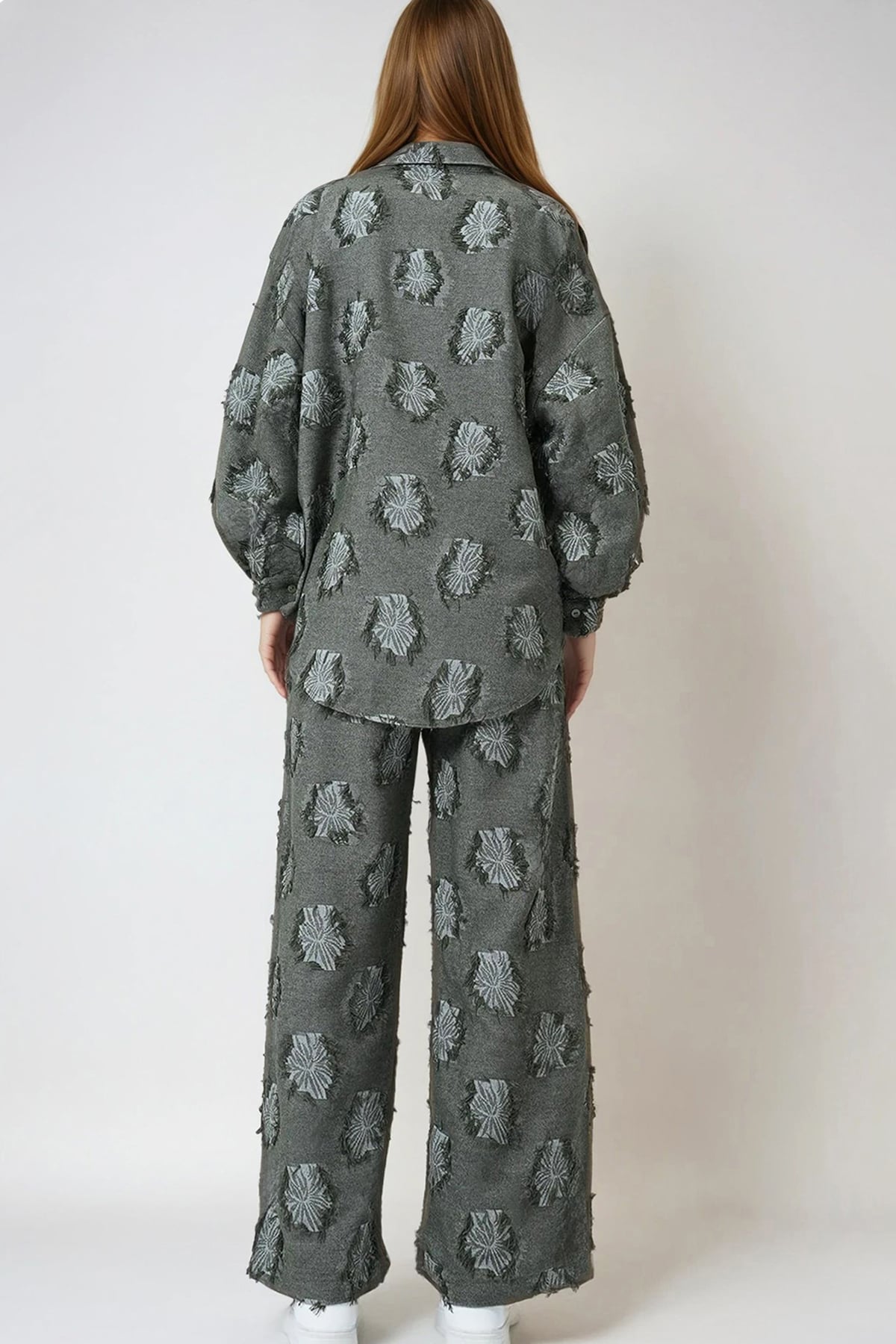 Kadın Haki Püsküllü Oversize Gömlek Ve Beli Lastikli Pantolon Dokuma İkili Takım VS01007