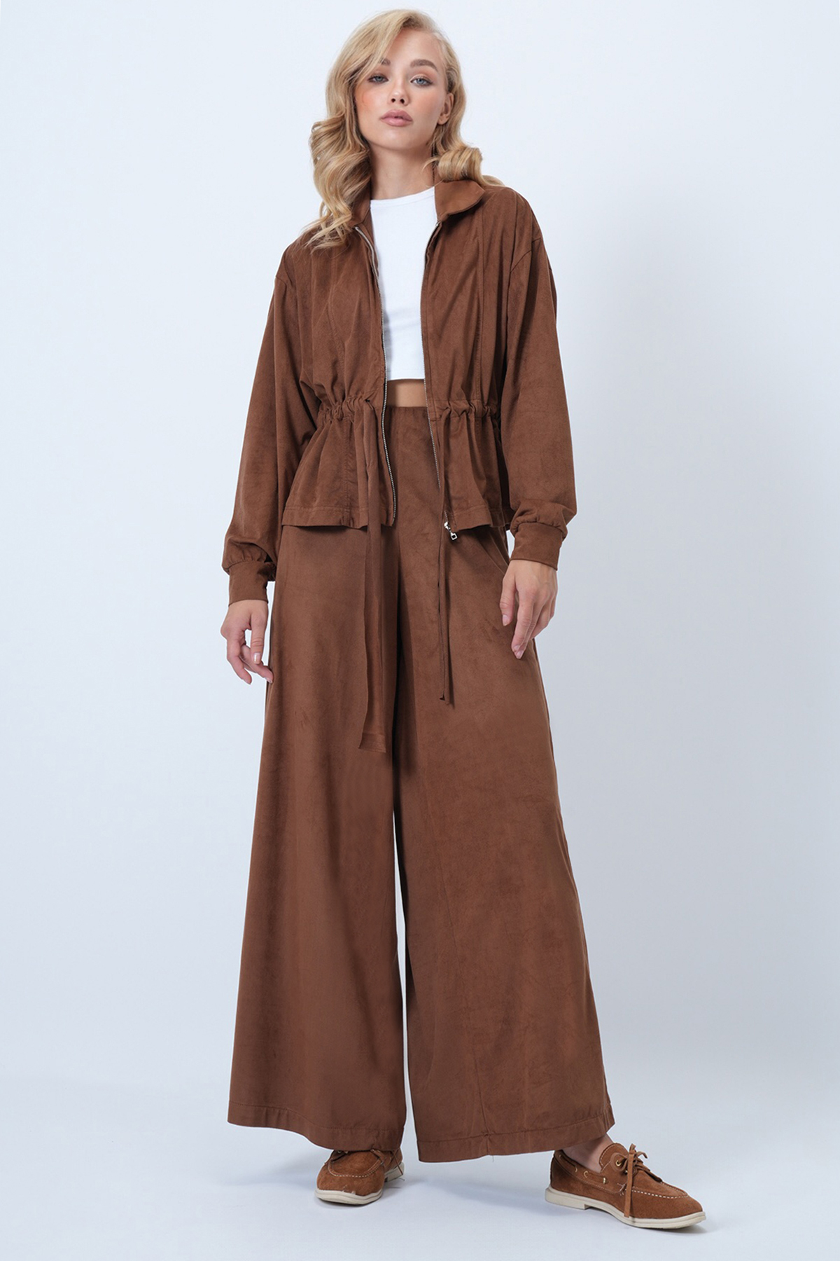 Kadın Taba Suni Süet Belden Büzdürmeli Ceket Ve Çift Cepli Pantolon Takım ALC-X14583