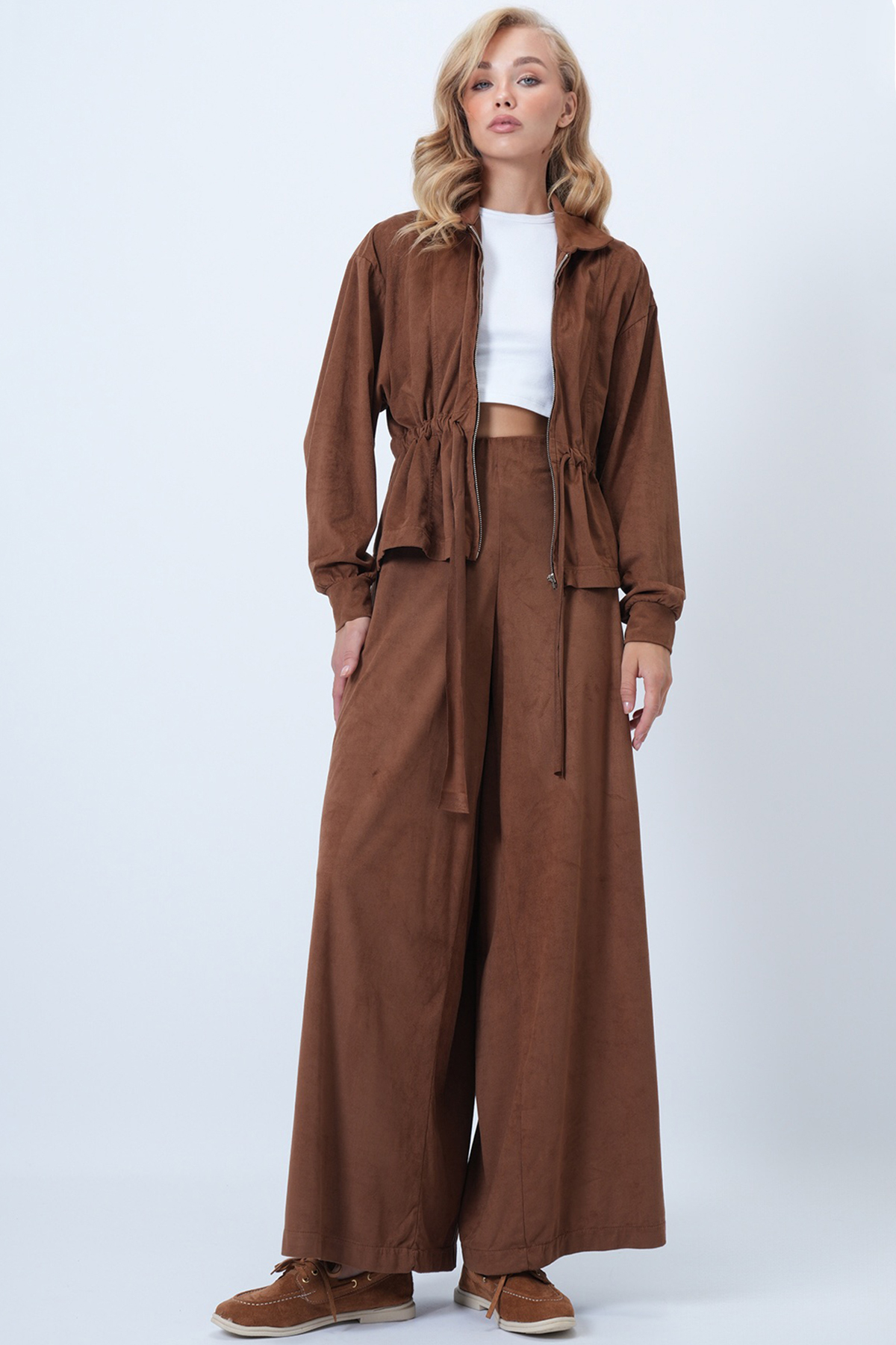 Kadın Taba Suni Süet Belden Büzdürmeli Ceket Ve Çift Cepli Pantolon Takım ALC-X14583