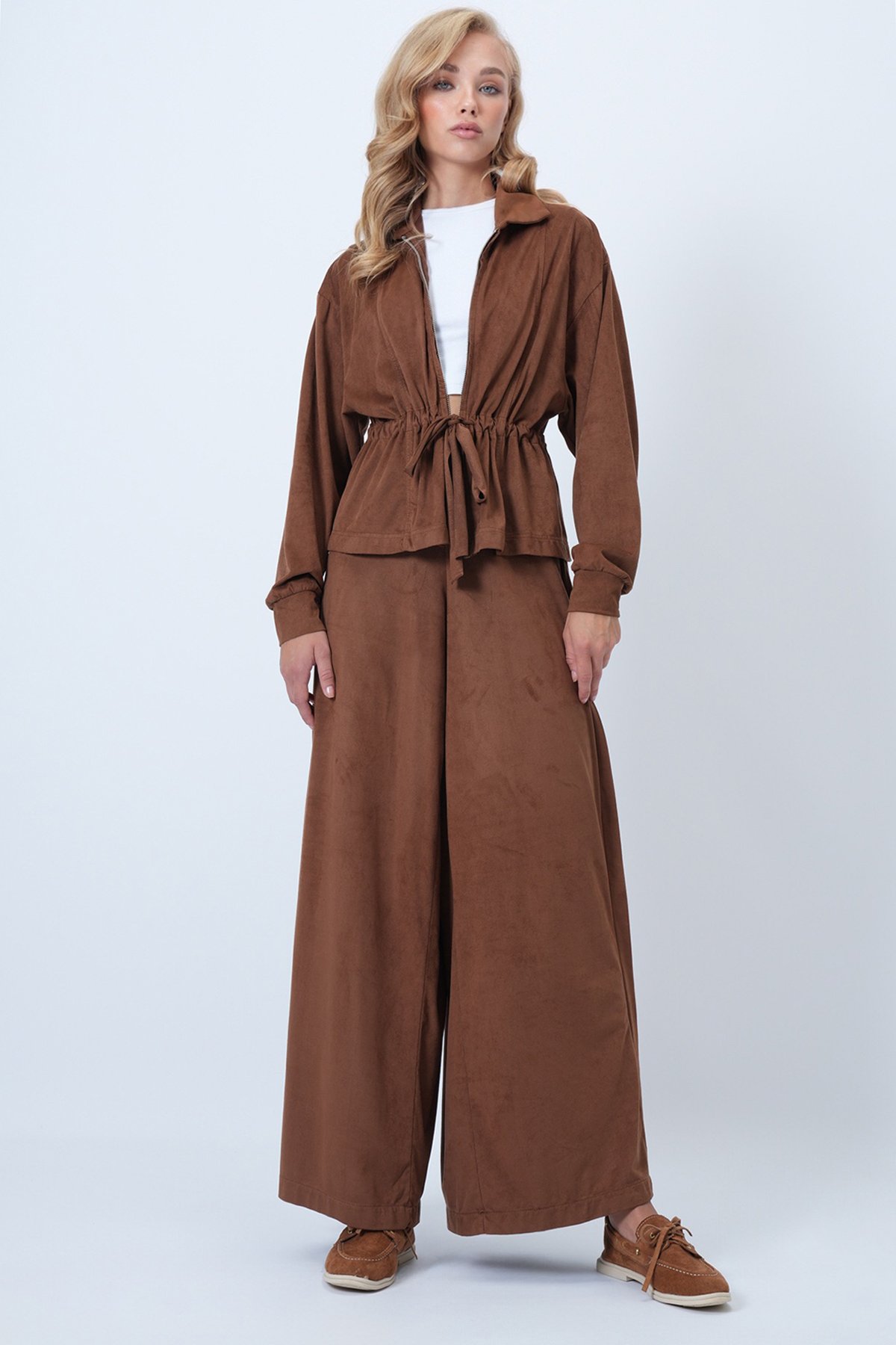 Kadın Taba Suni Süet Belden Büzdürmeli Ceket Ve Çift Cepli Pantolon Takım ALC-X14583