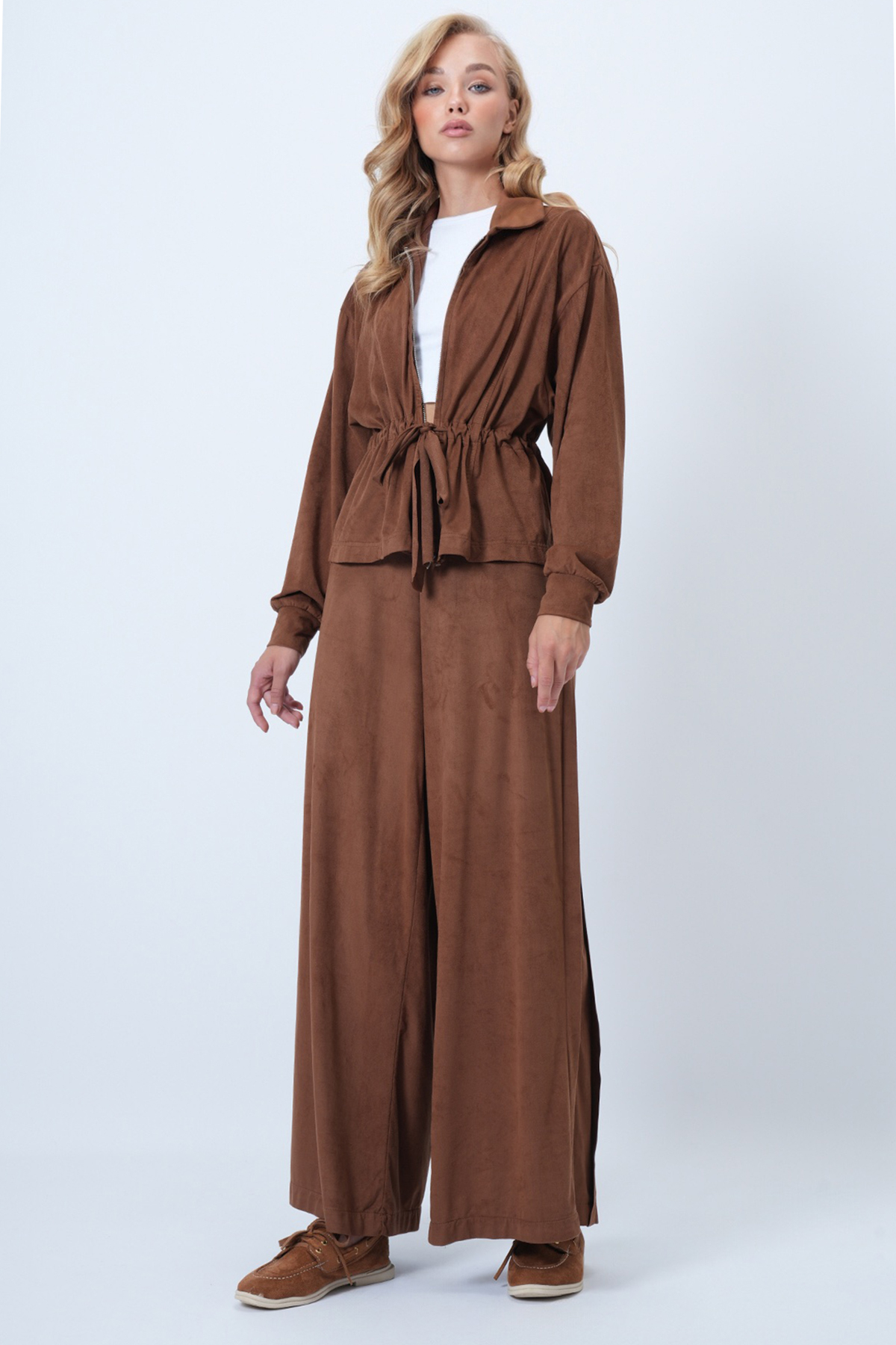 Kadın Taba Suni Süet Belden Büzdürmeli Ceket Ve Çift Cepli Pantolon Takım ALC-X14583