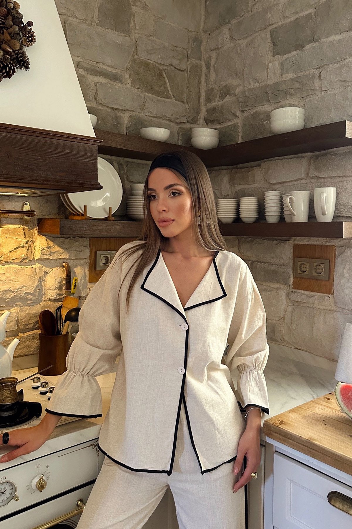 Kadın Krem V Yaka Kolları Lastikli Keten Alt Üst Takım Vs00663