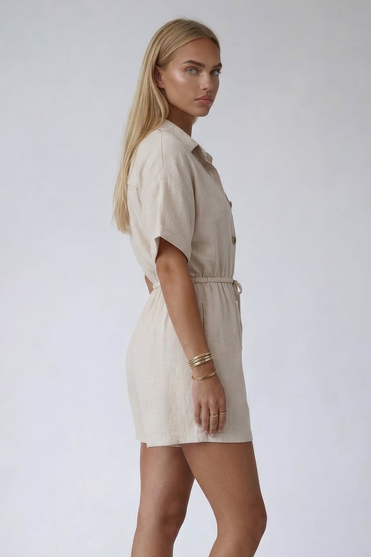 Vanilya Gömlek Yaka Çift Cepli Keten Şort Tulum