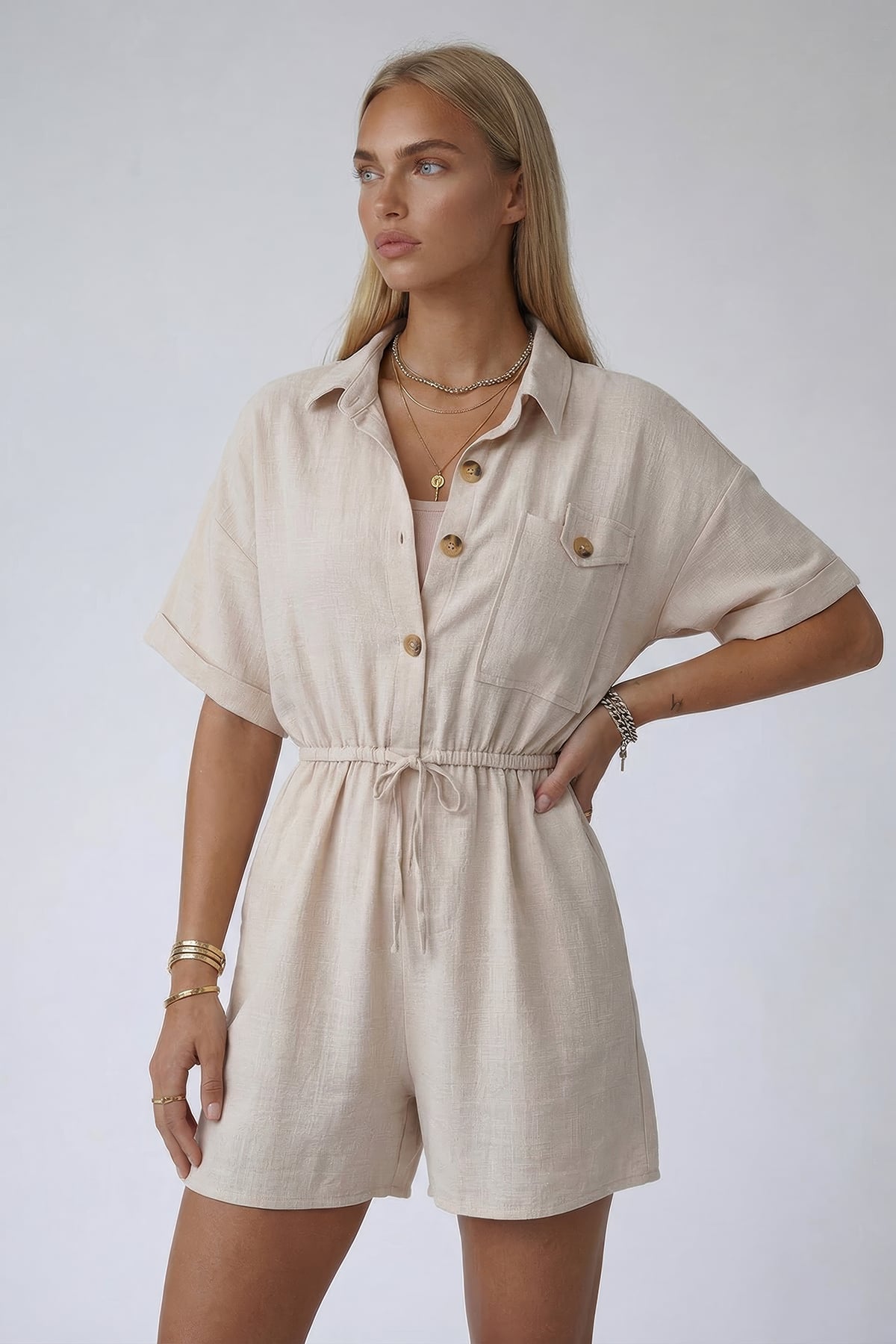Vanilya Gömlek Yaka Çift Cepli Keten Şort Tulum