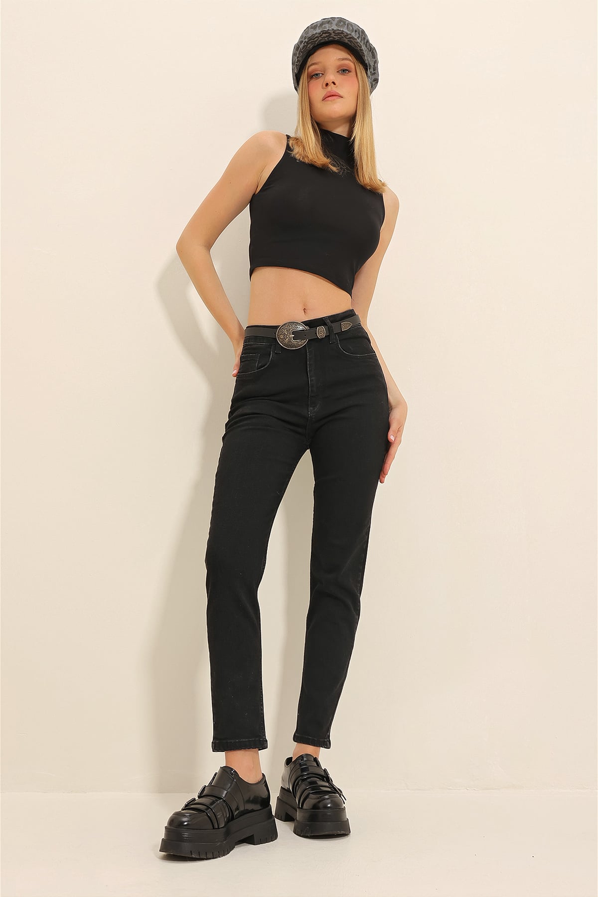 Kadın Siyah Yüksek Bel 5 Cepli Full Likralı Mom Jeans ALC-X11305