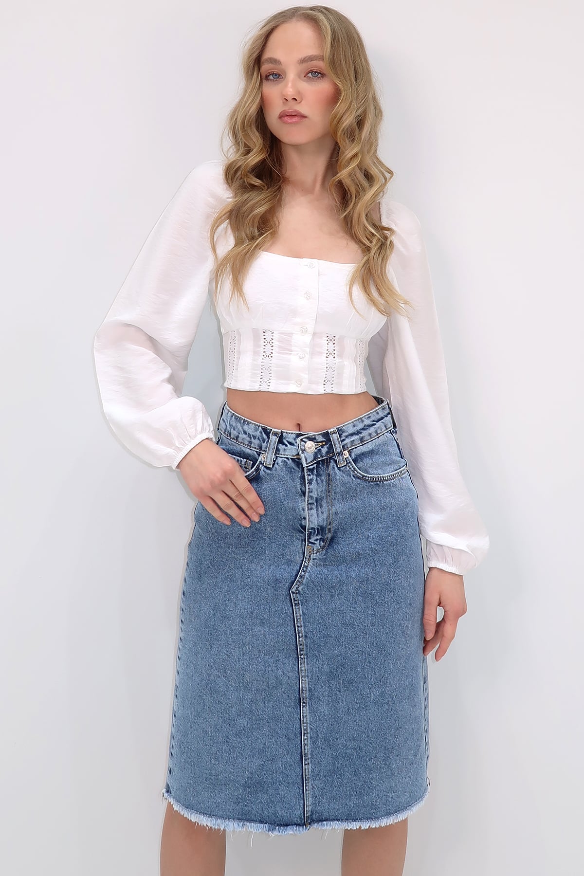 Kadın Mavi Yüksek Bel 5 Cepli Midi Boy Jean Etek ALC-X13655