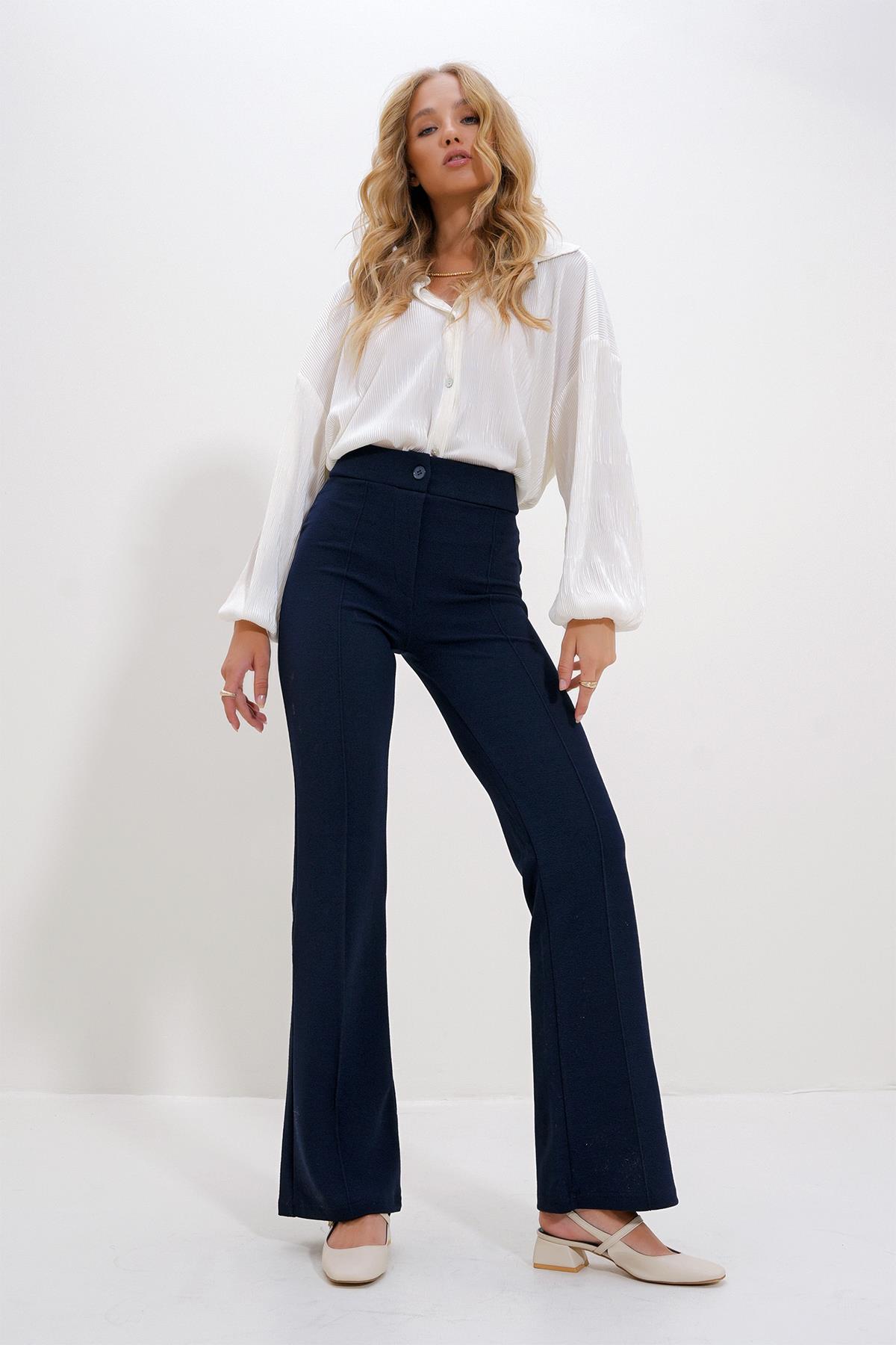 Kadın Lacivert Yüksek Bel Önü Çimalı Bol Paça Likralı Pantolon ALC-X9979