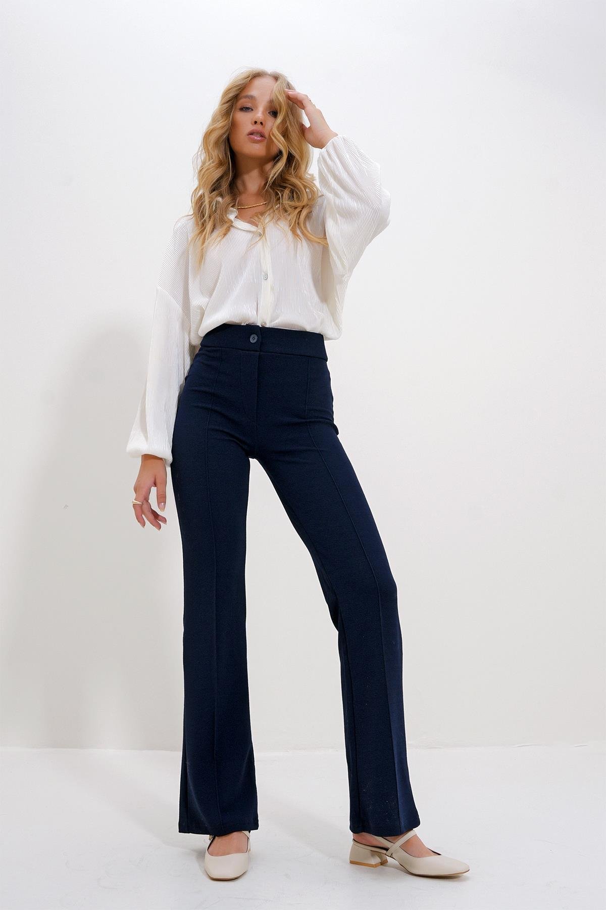 Kadın Lacivert Yüksek Bel Önü Çimalı Bol Paça Likralı Pantolon ALC-X9979