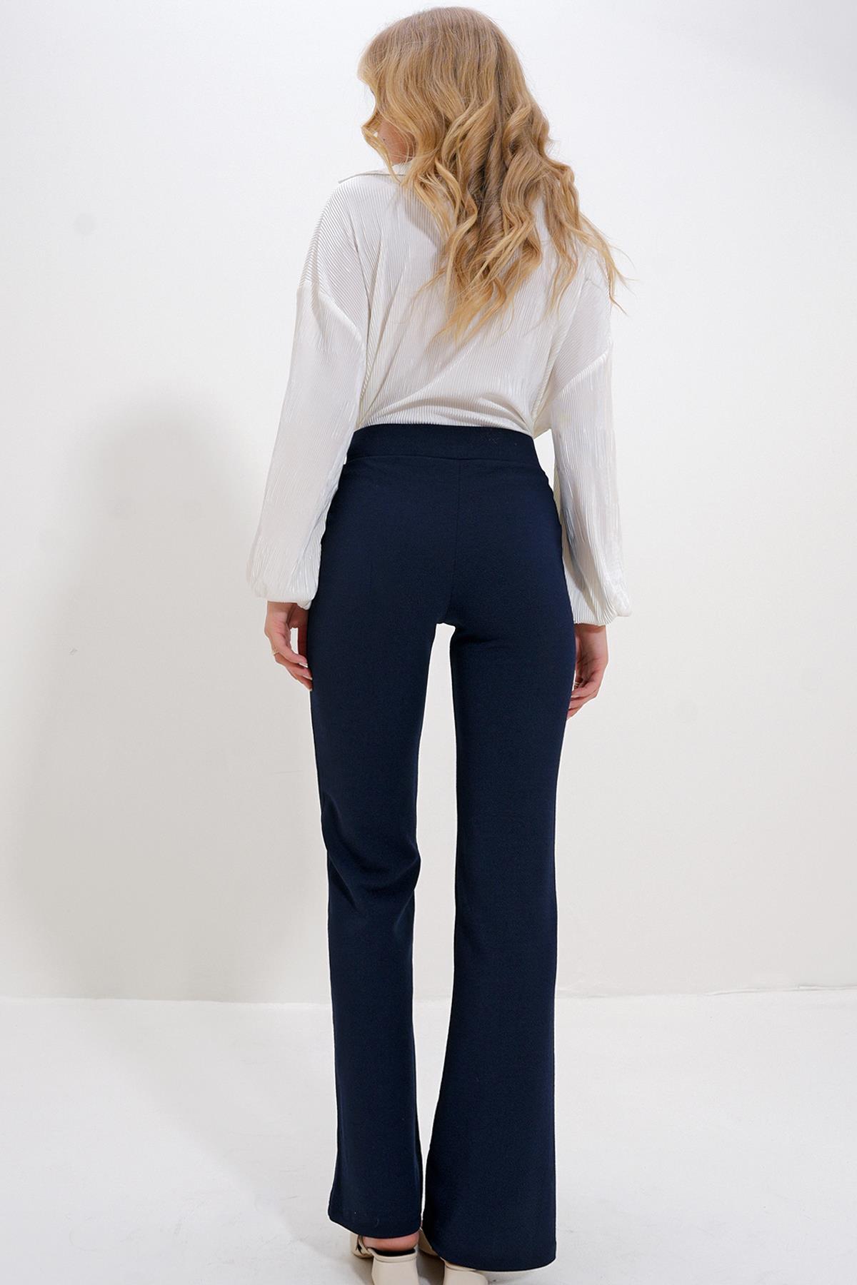 Kadın Lacivert Yüksek Bel Önü Çimalı Bol Paça Likralı Pantolon ALC-X9979