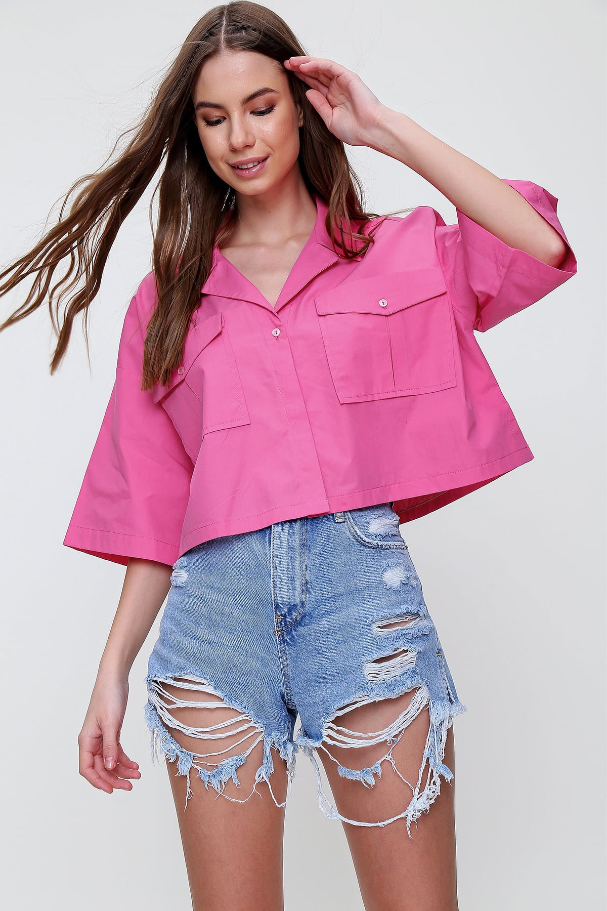 Kadın Fuşya Zarf Cepli Crop Poplin Gömlek ALC-X6045