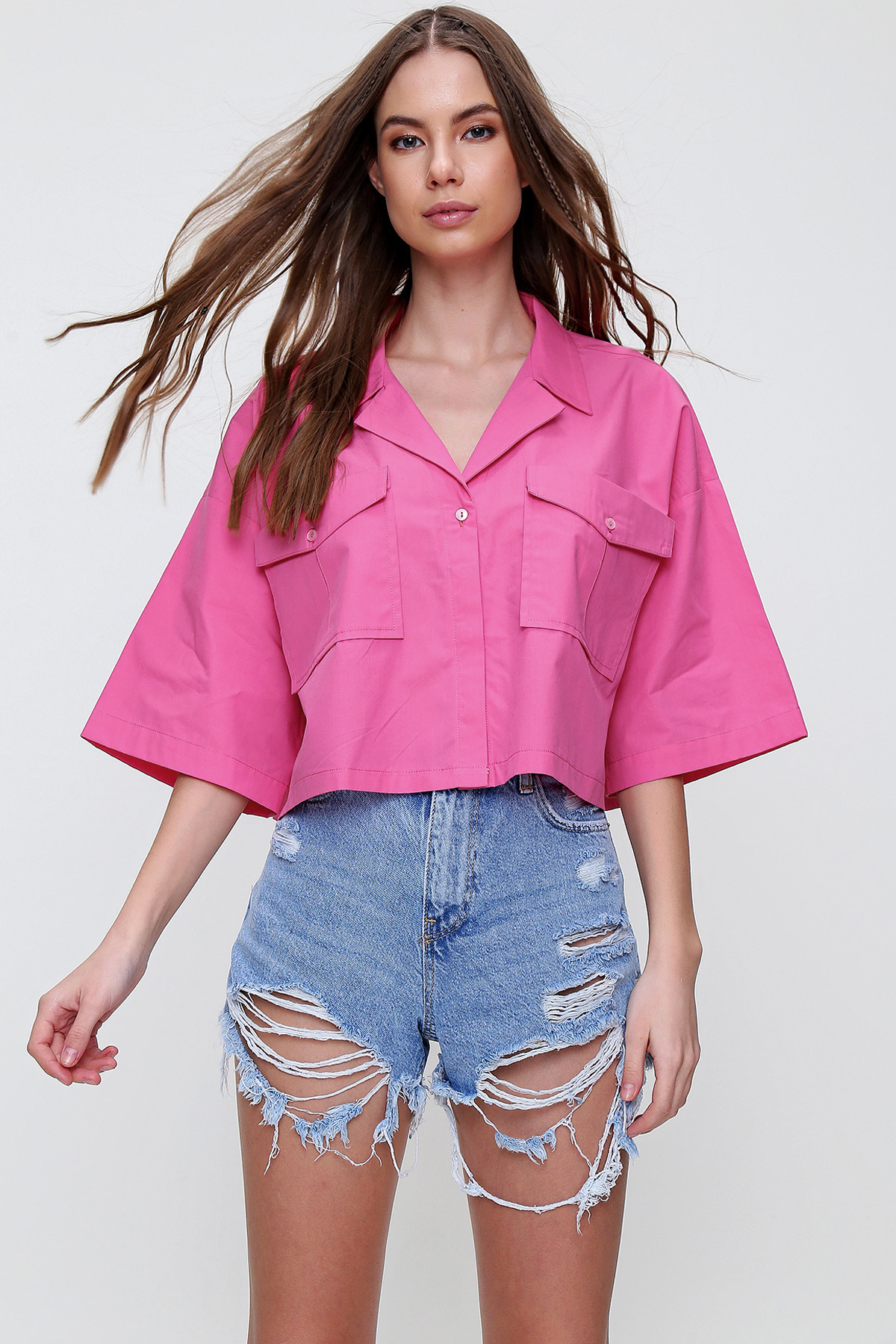 Kadın Fuşya Zarf Cepli Crop Poplin Gömlek ALC-X6045