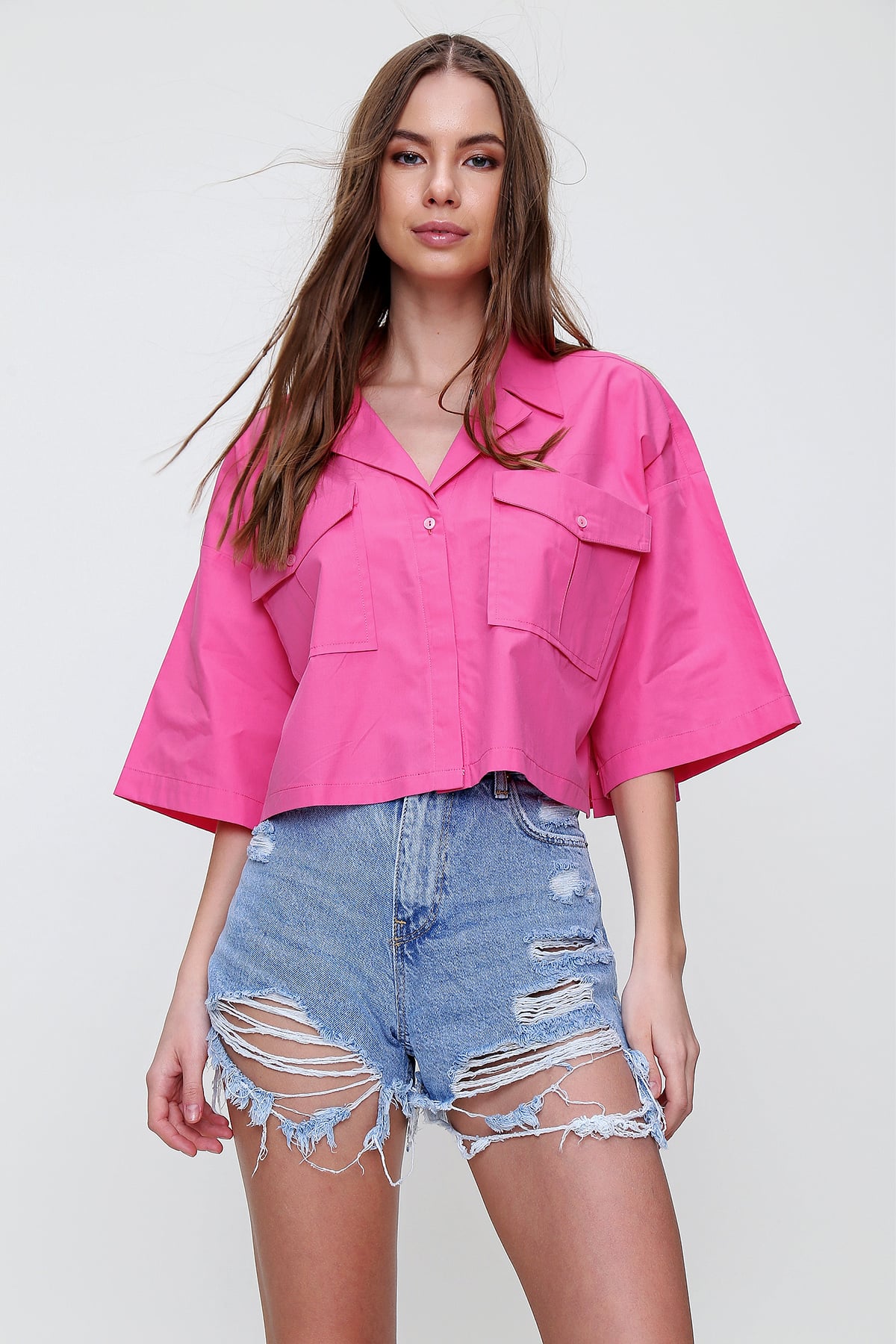 Kadın Fuşya Zarf Cepli Crop Poplin Gömlek ALC-X6045
