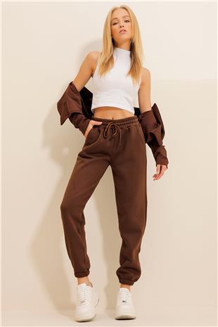 Kadın Kahve 3 İplik İçi Şardonlu Jogging Eşofman Altı ALC-X10929