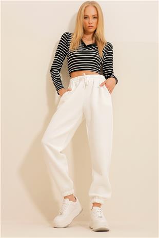 Kadın Beyaz 3 İplik İçi Şardonlu Jogging Eşofman Altı ALC-X10929