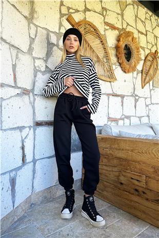 Kadın Siyah 3 İplik İçi Şardonlu Jogging Eşofman Altı ALC-X10929