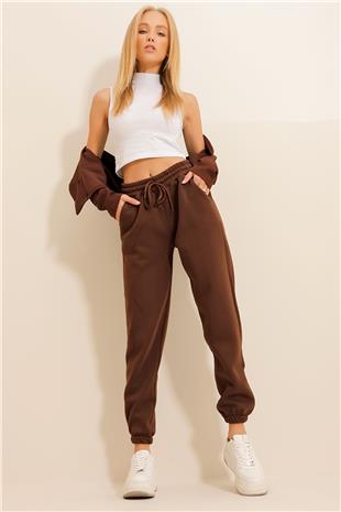 Kadın Kahve 3 İplik İçi Şardonlu Jogging Eşofman Altı ALC-X10929