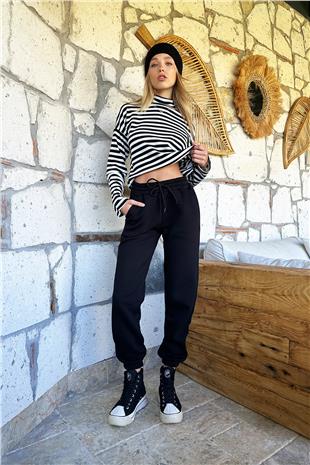 Kadın Siyah 3 İplik İçi Şardonlu Jogging Eşofman Altı ALC-X10929