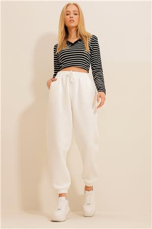 Kadın Beyaz 3 İplik İçi Şardonlu Jogging Eşofman Altı ALC-X10929