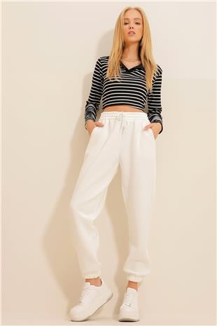 Kadın Beyaz 3 İplik İçi Şardonlu Jogging Eşofman Altı ALC-X10929