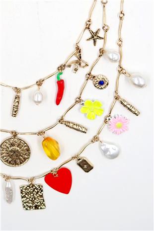 Kadın Gold 3Lü Charm Kolye Seti ALC-X13807