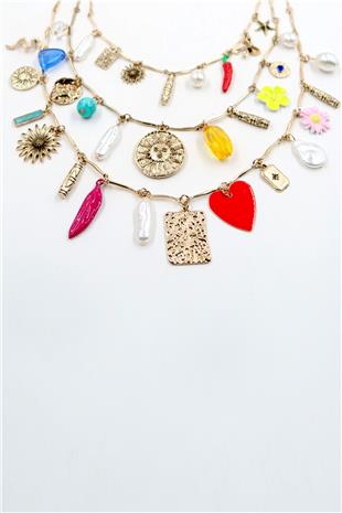 Kadın Gold 3Lü Charm Kolye Seti ALC-X13807