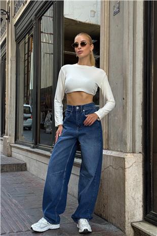 Kadın Koyu Mavi 5 Cepli Bol Paça Baggy Jean VS00711