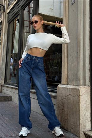 Kadın Koyu Mavi 5 Cepli Bol Paça Baggy Jean VS00711