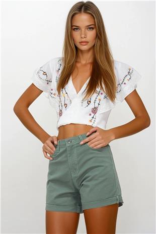 Kadın Haki 5 Cepli Double Paça Denim Şort VS00255