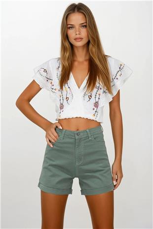 Kadın Haki 5 Cepli Double Paça Denim Şort VS00255