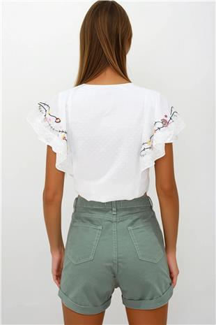 Kadın Haki 5 Cepli Double Paça Denim Şort VS00255