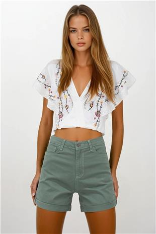 Kadın Haki 5 Cepli Double Paça Denim Şort VS00255