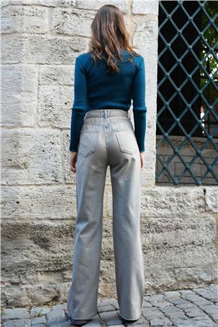 Kadın Gri 5 Cepli Eskitmeli Paçası Püsküllü Palazzo Jean VS01203